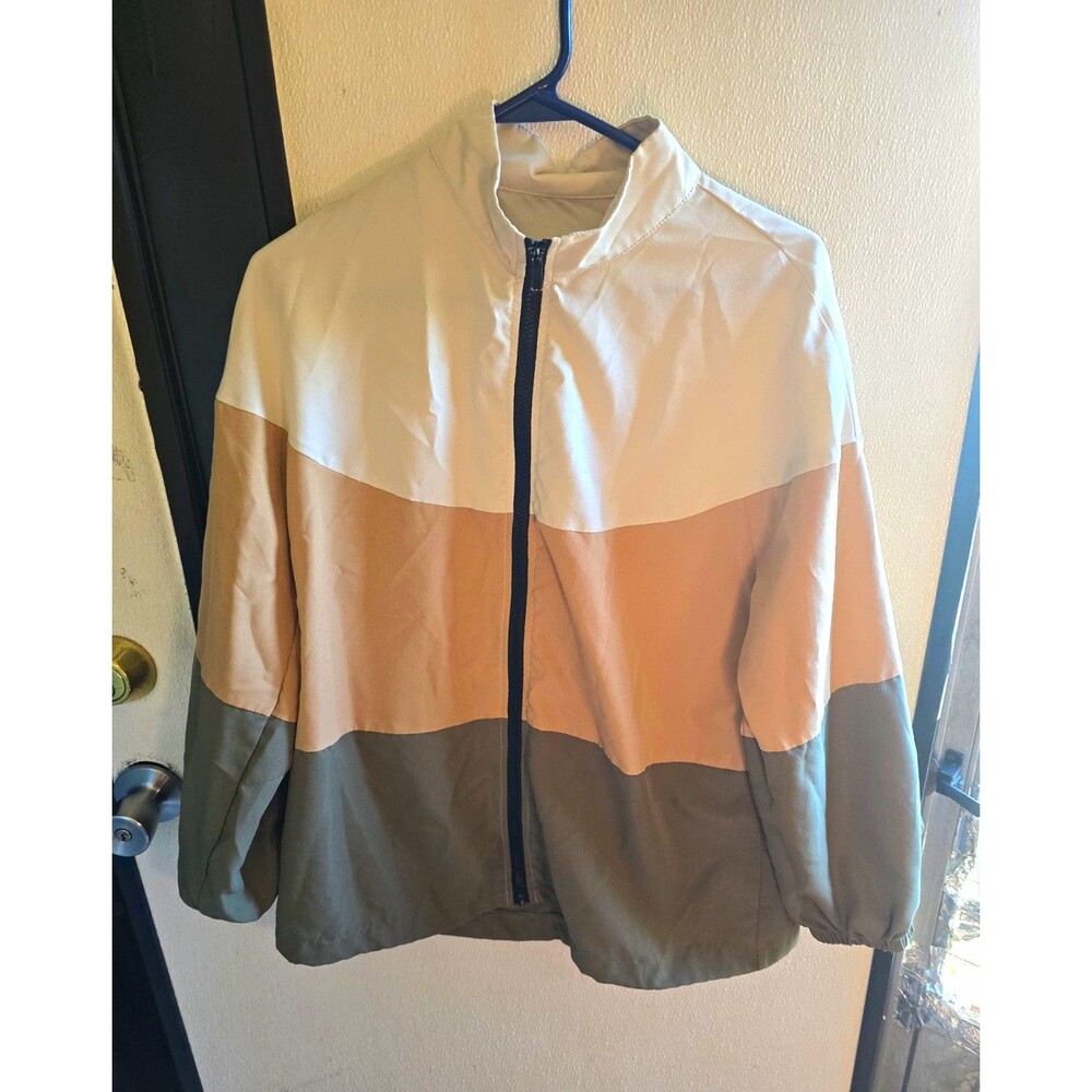 SHEIN Womens Windbreaker Colorblock Full Zip Jacket White Beige Gray Size M